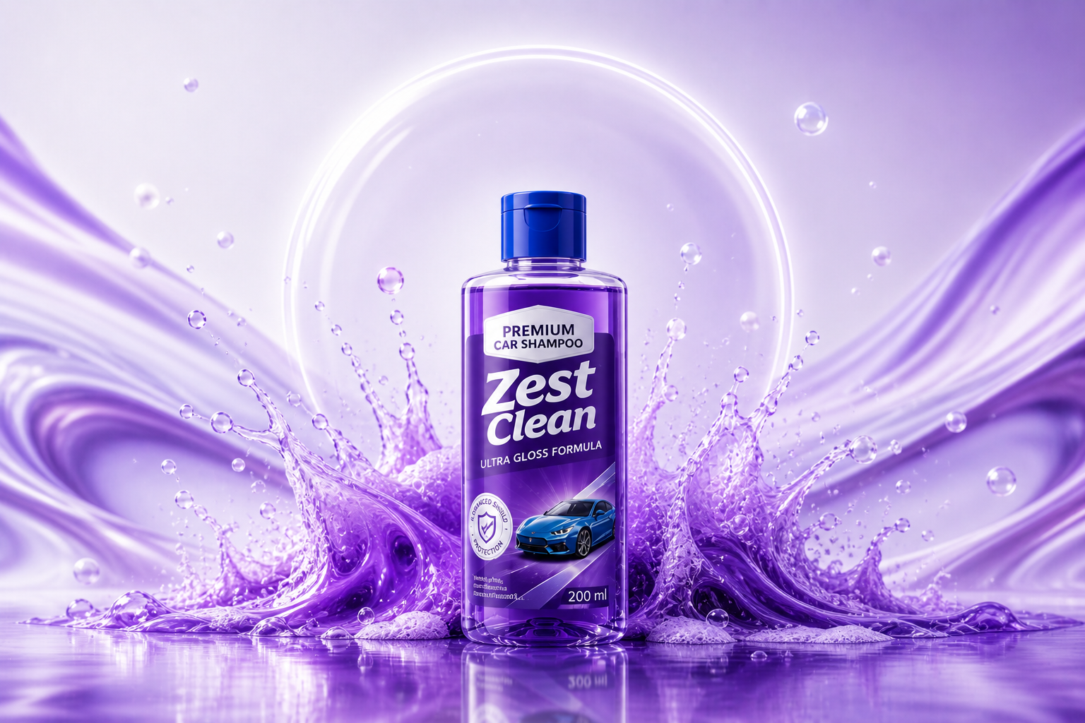 Zest Clean premium car shampoo bottle with splash